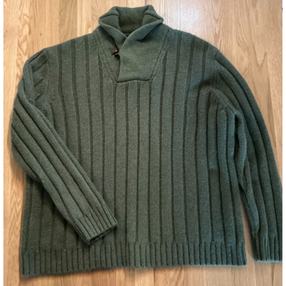 Lands' End XXL Shawl‎ Collar Sweater Green Merino Wool Blend Ribbed Knit